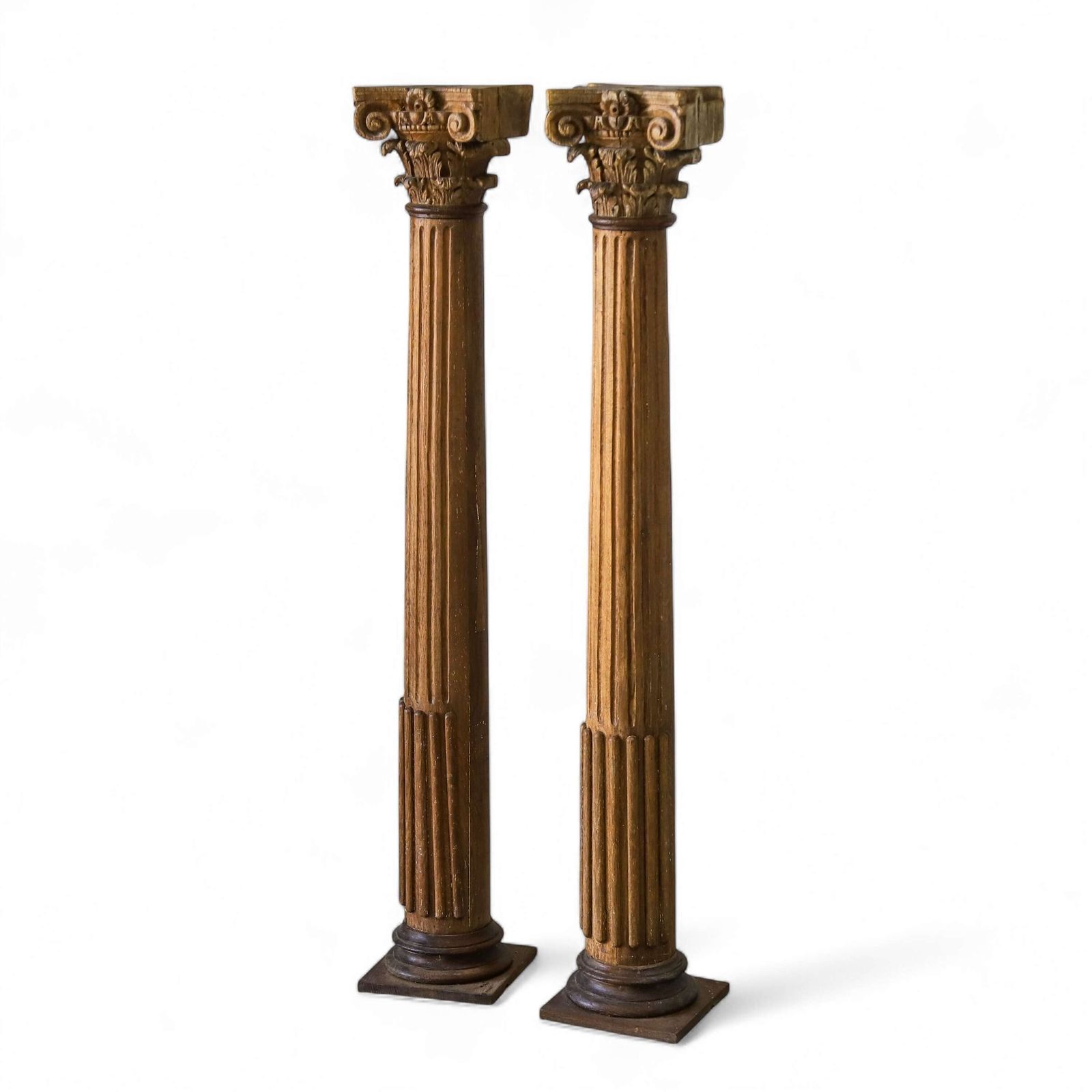 Pair Of Antique Hand Carved Wooden Corinthian Columns   Classical Architectural Display