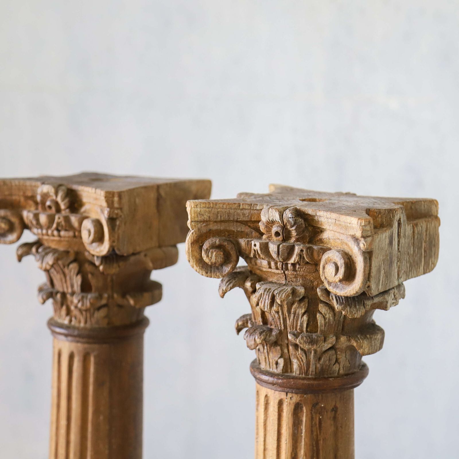 Pair Of Antique Hand Carved Wooden Corinthian Columns   Classical Architectural Display photo Home Decor