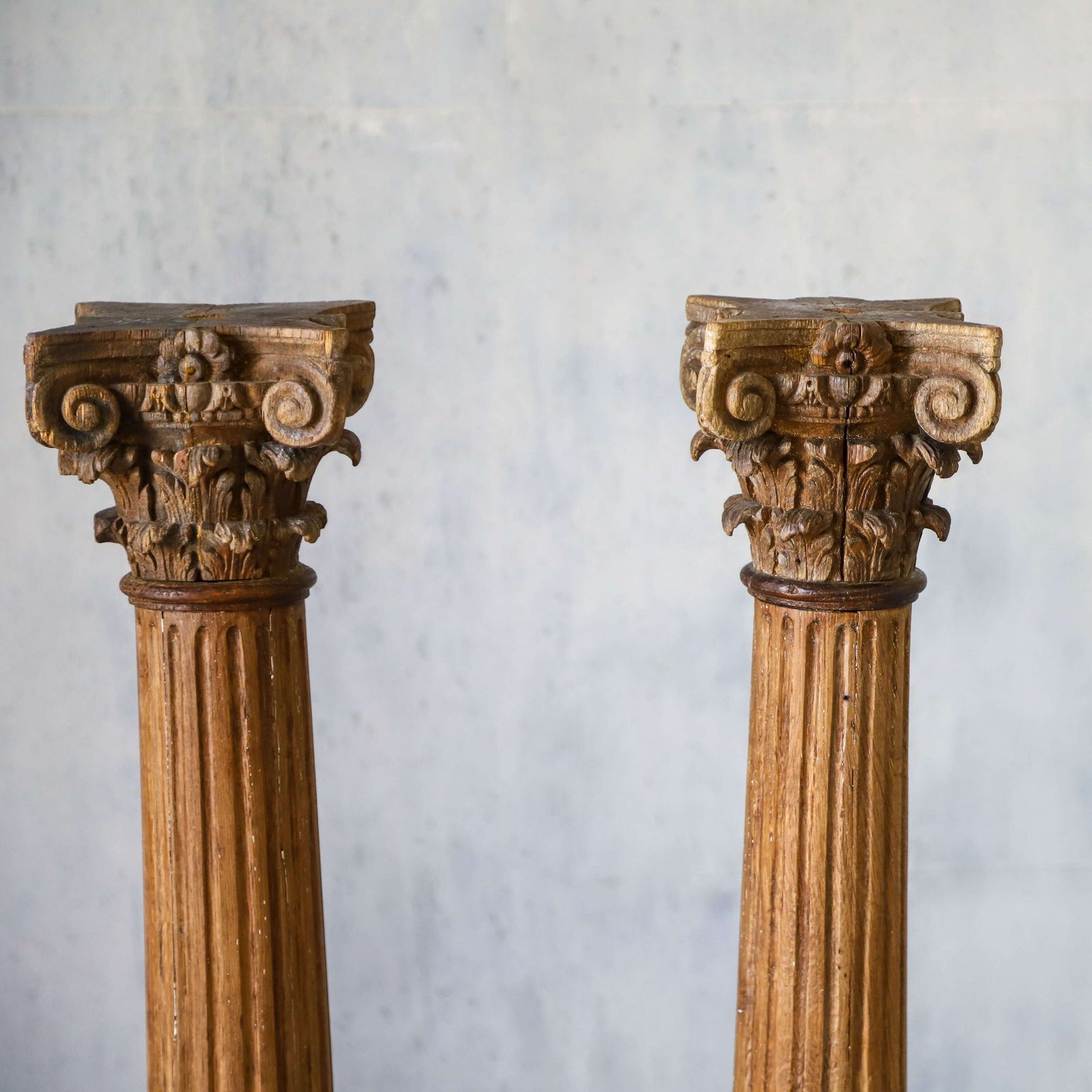 Pair Of Antique Hand Carved Wooden Corinthian Columns   Classical Architectural Display photo vintage