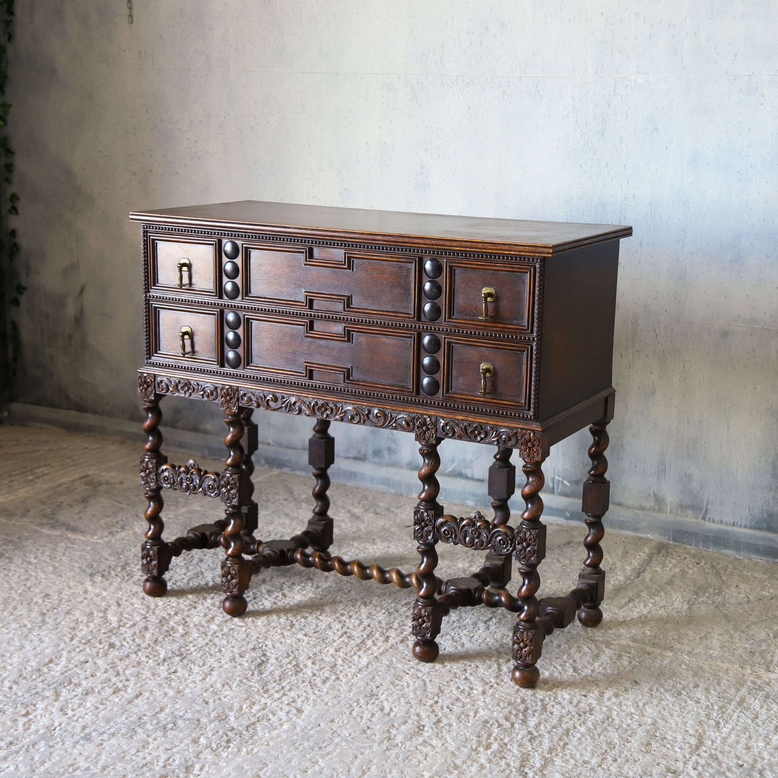 1930s English Oak Sideboard   Carolean Revival   Finely Carved With Barley Twist Supports photo for sale