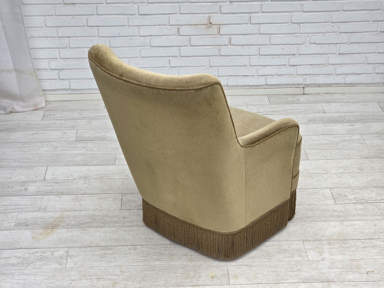 1970s, Danish Highback Armchair, Light Green Furniture Velour. photo 900.0