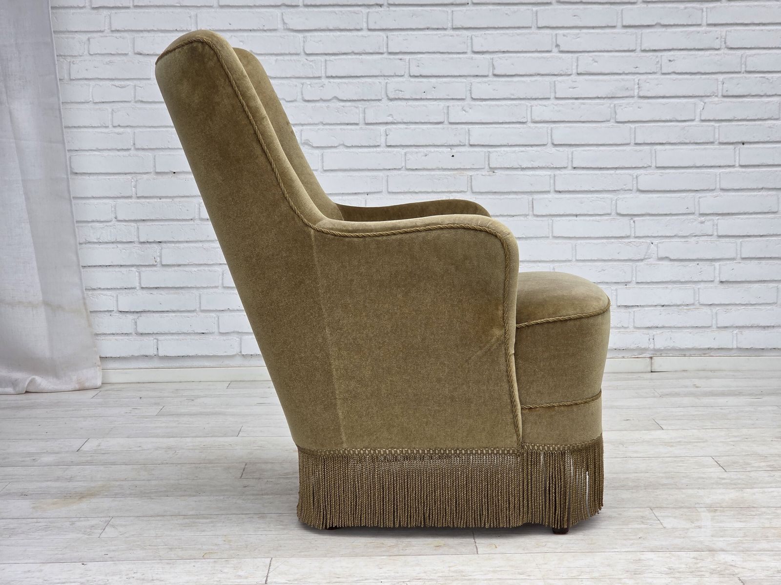 photo for sale 1970s, Danish Highback Armchair, Light Green Furniture Velour.