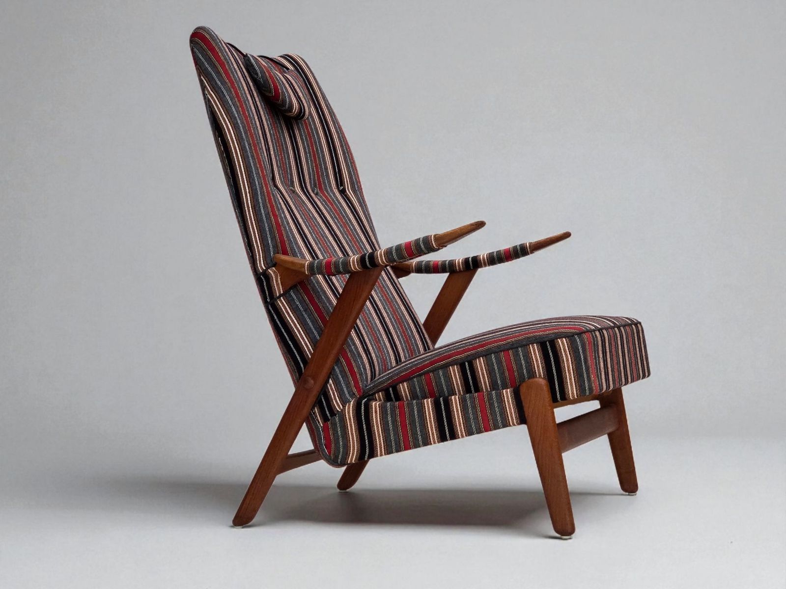 1960s, Swedish Armchair, Striped Furniture Wool Fabric, Oak Wood, Teak Wood.