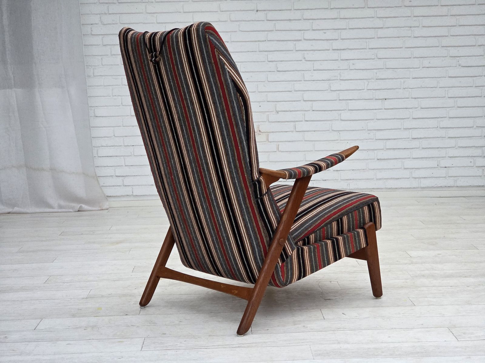 1960s, Swedish Armchair, Striped Furniture Wool Fabric, Oak Wood, Teak Wood. photo vinterior
