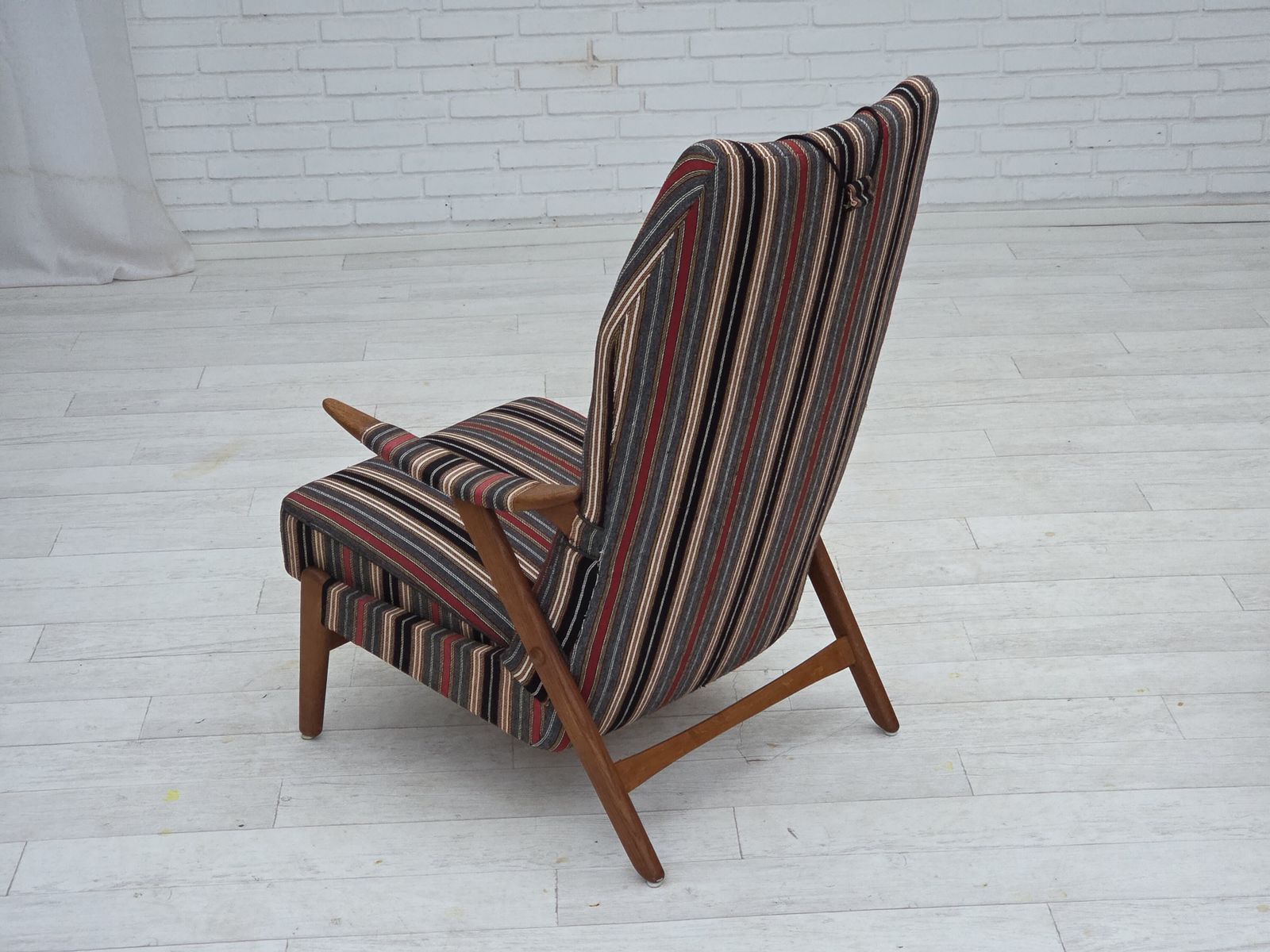 photo vinterior 1960s, Swedish Armchair, Striped Furniture Wool Fabric, Oak Wood, Teak Wood.