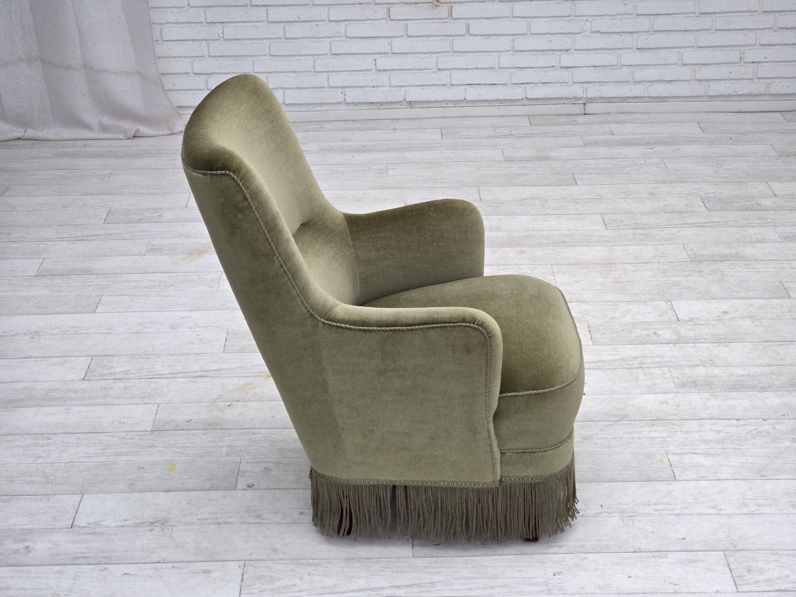 1970s, Danish Highback Armchair, Green Furniture Velour. photo vinterior