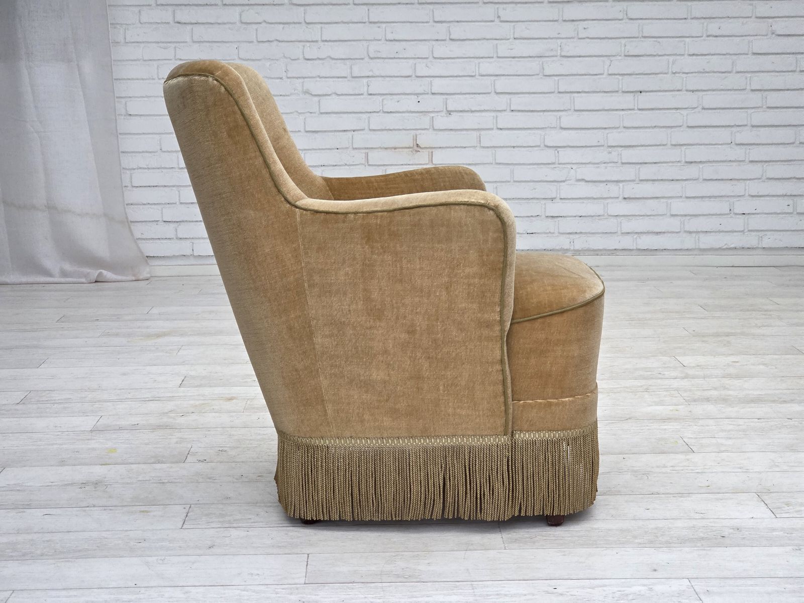 1970s, Danish Armchair, Light Green Furniture Velour. photo vinterior