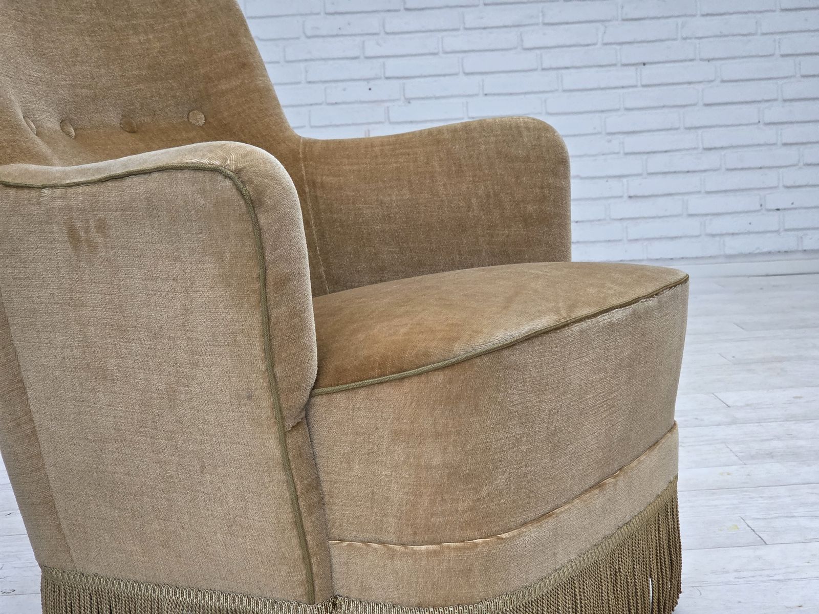 photo buy 1970s, Danish Armchair, Light Green Furniture Velour.