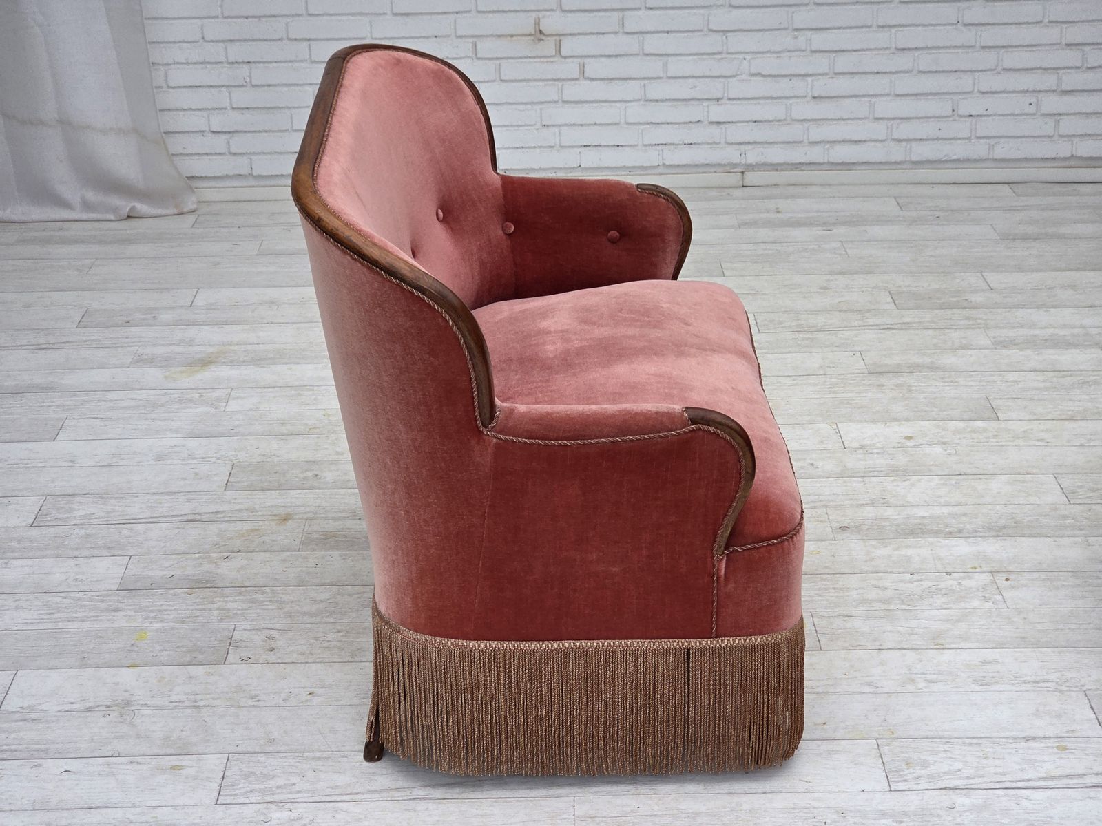 1930s, Danish 2 Seater Sofa, Salmon Pink Furniture Velour, Ash Wood. photo 1370.0
