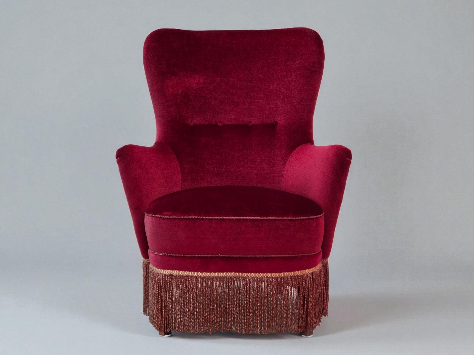 1970s, Danish Highback Armchair, Red Furniture Velour, Beech Wood.