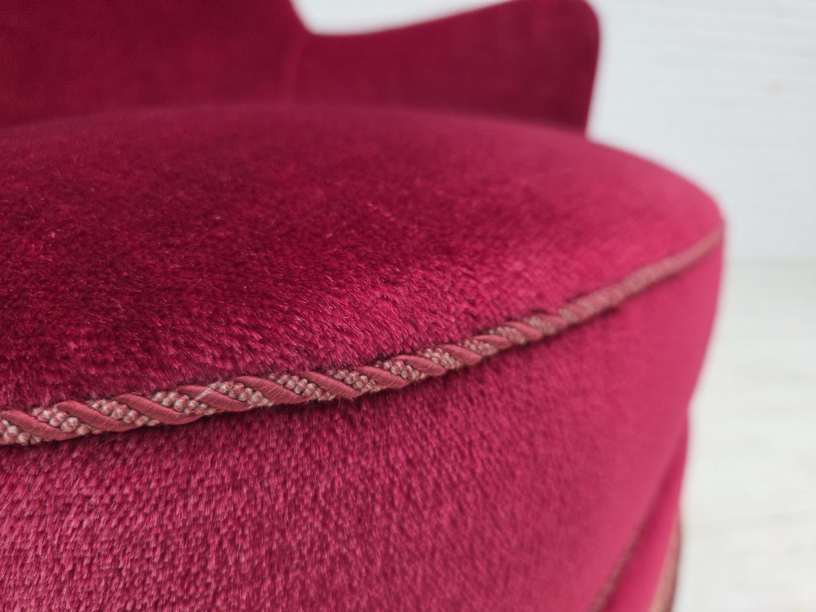 1970s, Danish Highback Armchair, Red Furniture Velour, Beech Wood. photo vinterior