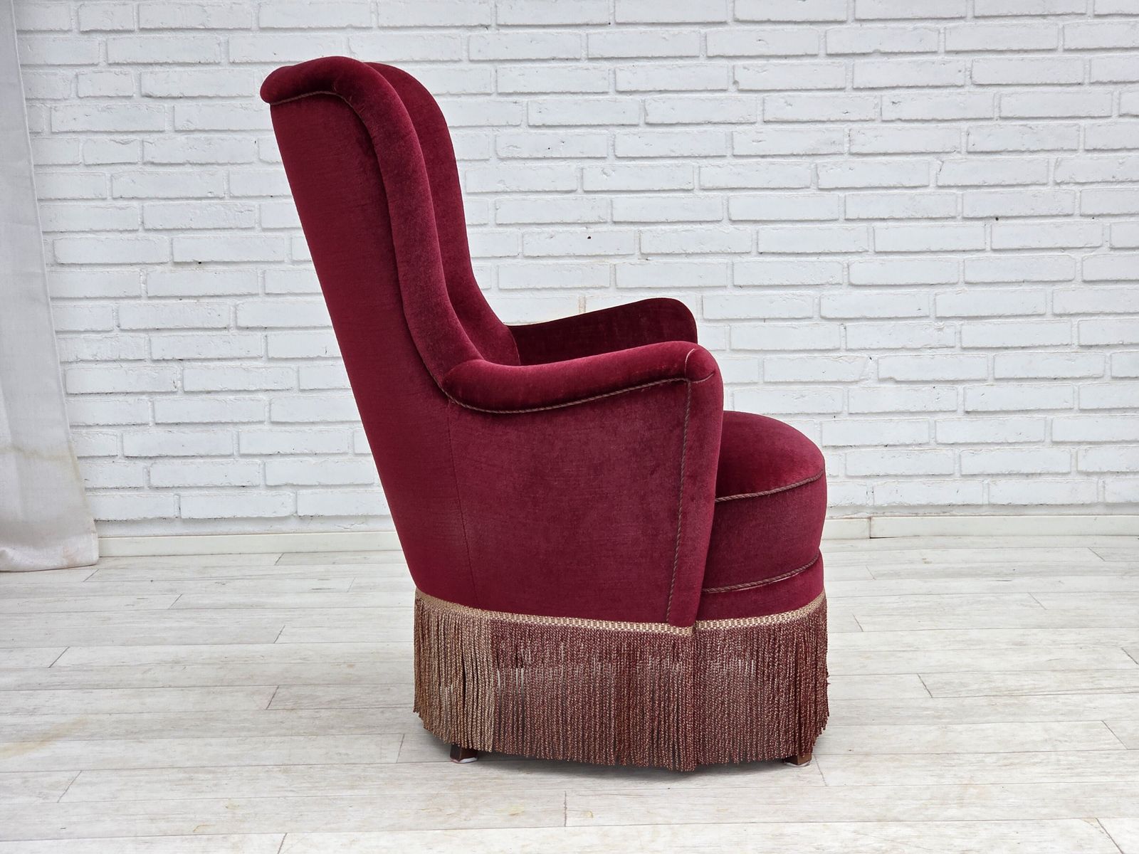 photo buy 1970s, Danish Highback Armchair, Red Furniture Velour, Beech Wood.