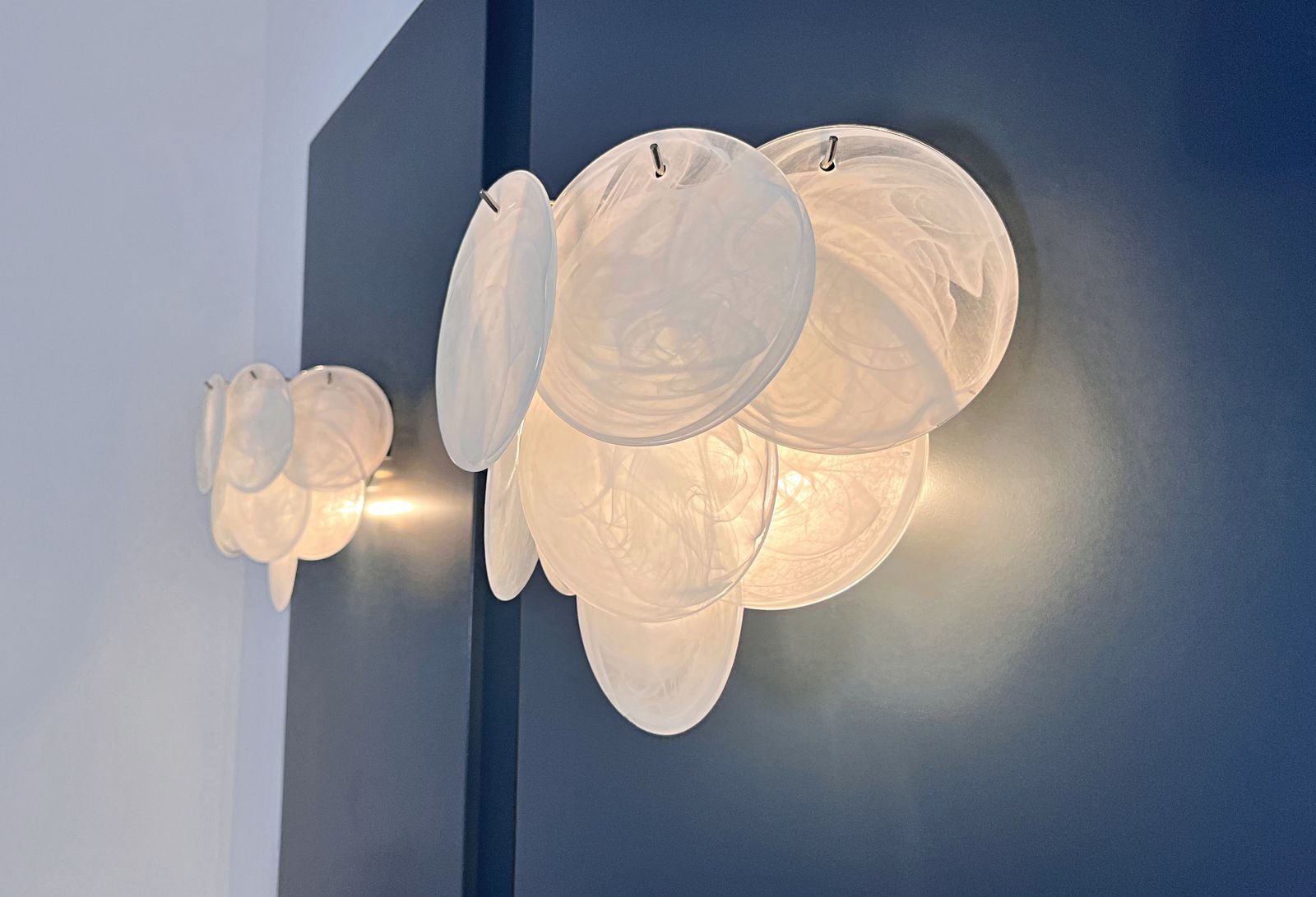 410.0 Pair Of Glass Wall Sconces   10 Alabaster White Disks photo