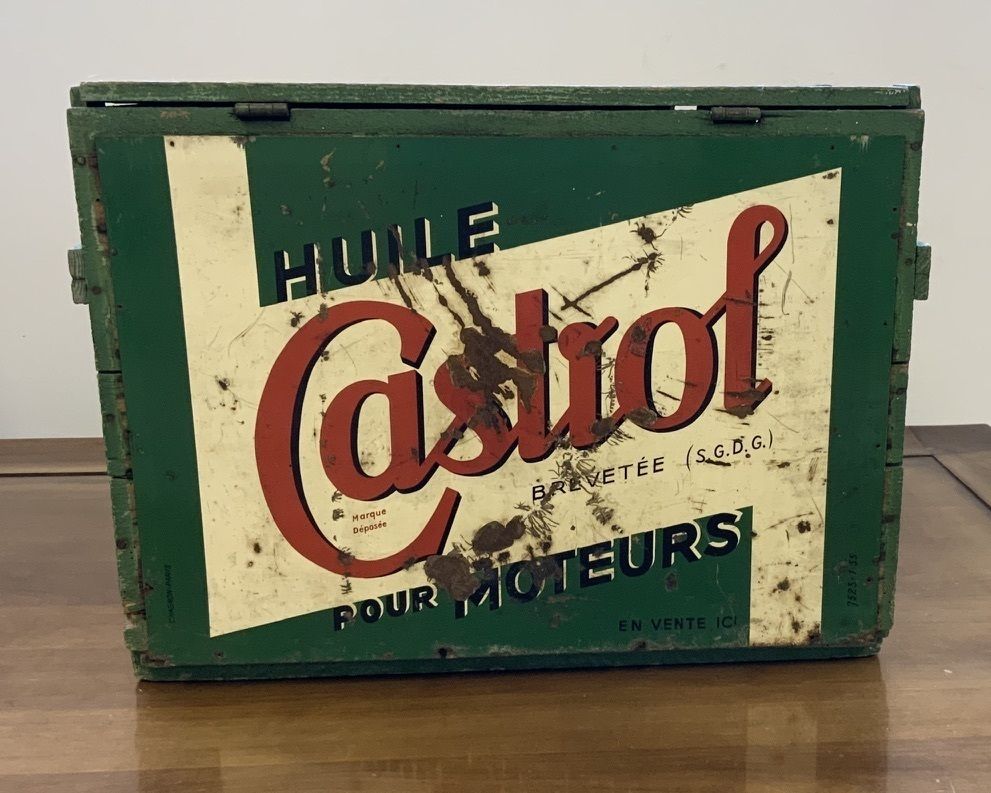 1940's French Castrol Motor Oil Can Wooden Crate