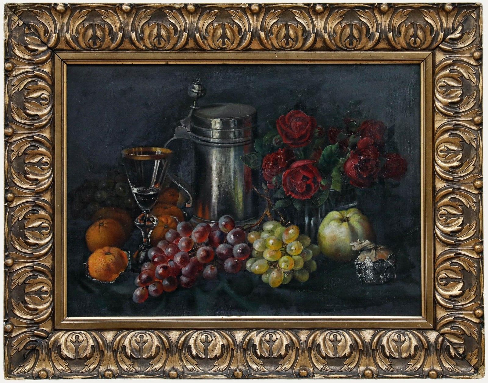 German School Early 20th Century Oil Still Life With A Jug, Roses, And Fruit