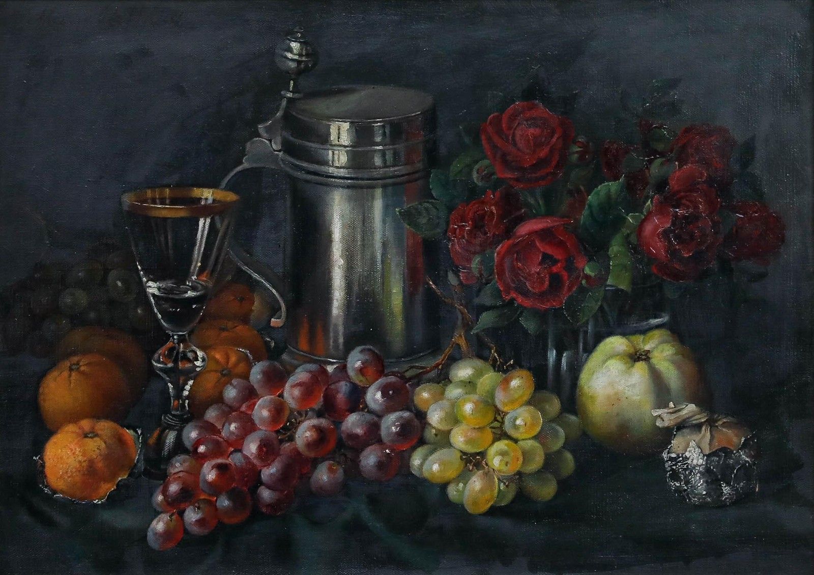 German School Early 20th Century Oil Still Life With A Jug, Roses, And Fruit photo furniture