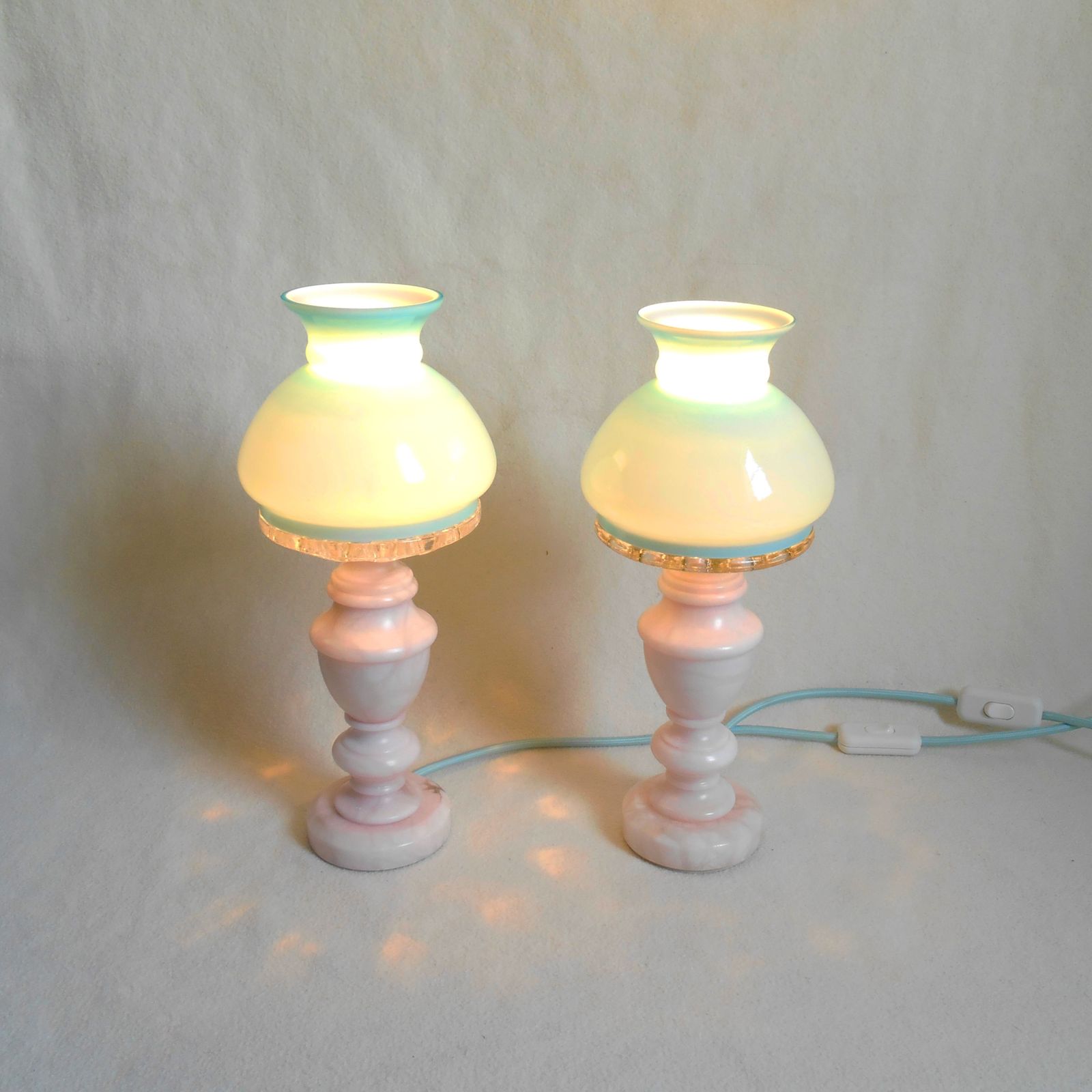 A Pair Of Vintage Marble Table Lamps With Beautiful Turquoise Oil Lamp Shades photo vinterior