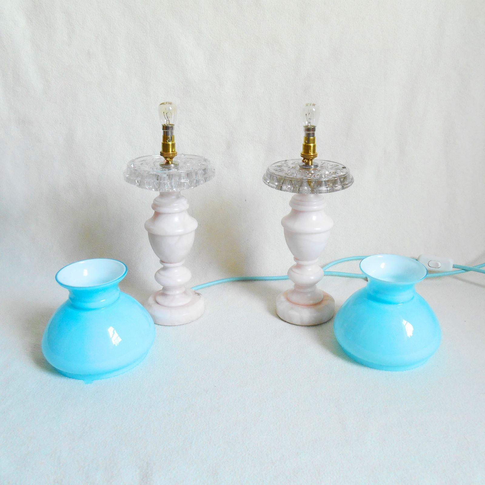 A Pair Of Vintage Marble Table Lamps With Beautiful Turquoise Oil Lamp Shades photo vintage