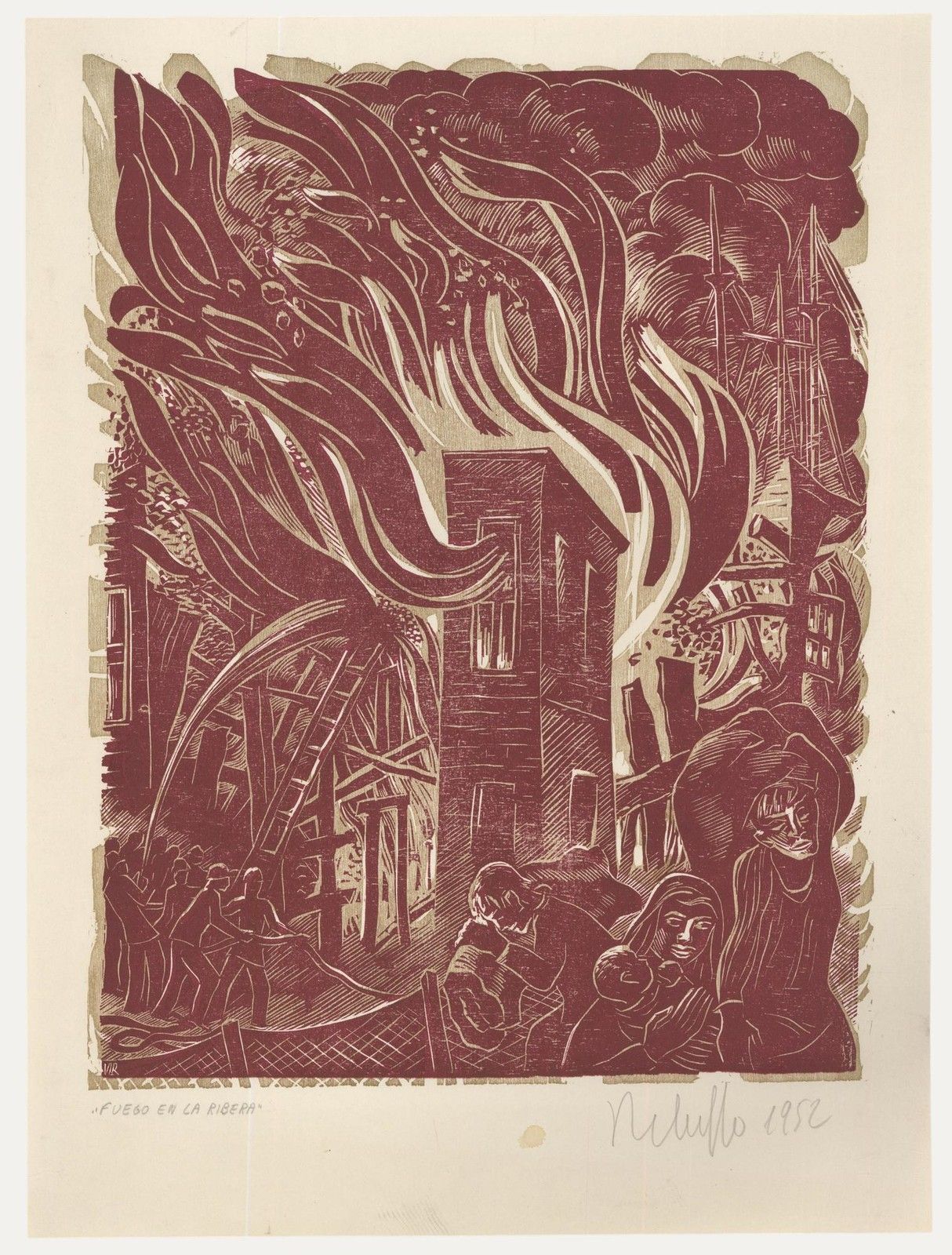 Victor Rebuffo (1903 1983) Mid 20th Century Woodcut, Fuego En La Ribera