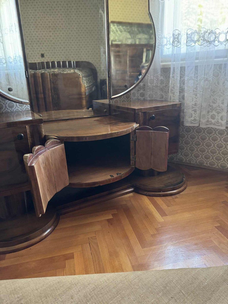Art Deco Walnut Vanity Table With Triptych Mirror, 1930s photo Furniture