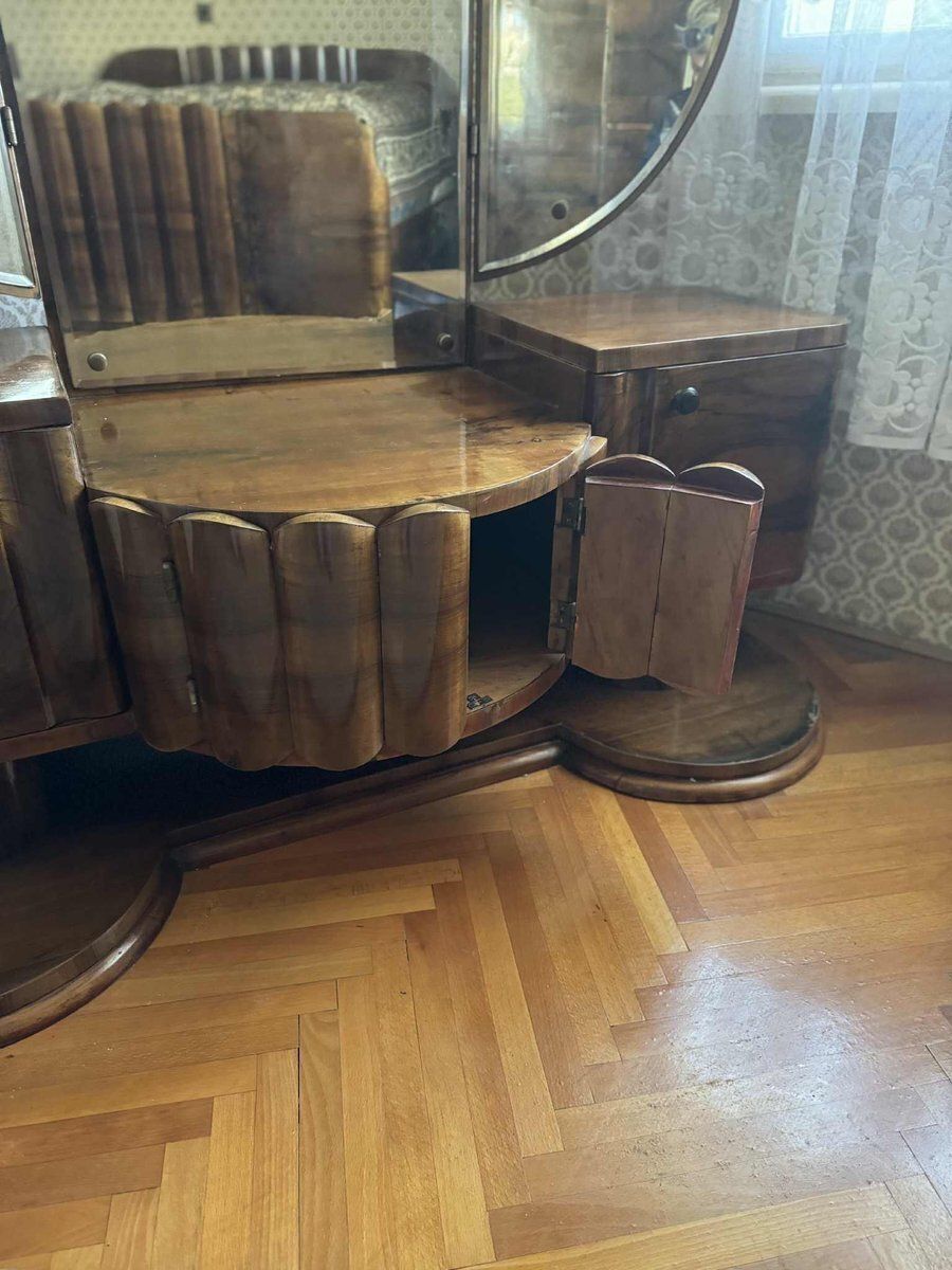 Art Deco Walnut Vanity Table With Triptych Mirror, 1930s photo 4097.0