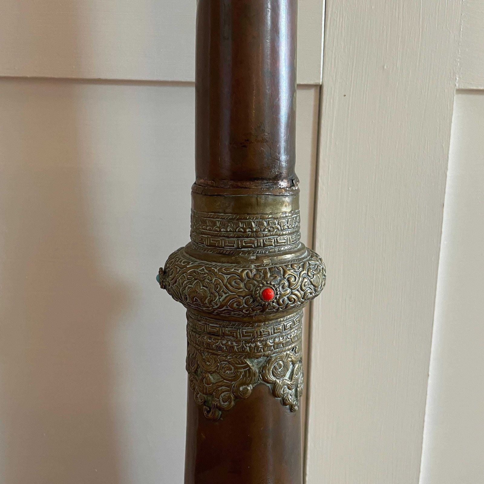 Antique Brass Copper Floor Lamp Made From Tibetan Dungchen Horn Ornate Repoussé Detailing Nepalese Himalayan Handcrafted Ornamental Lighting photo buy