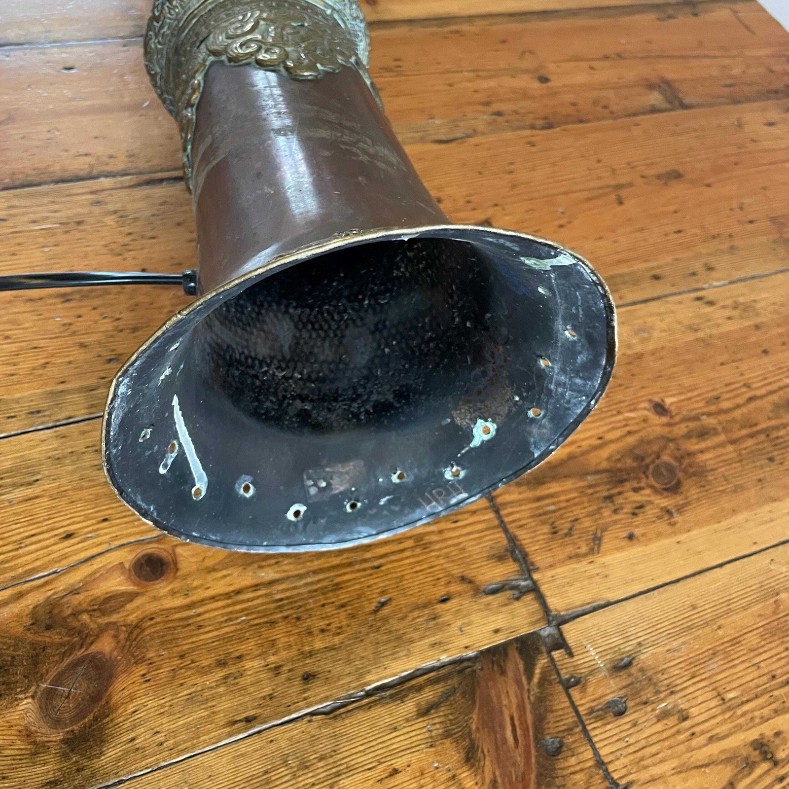 photo for sale Antique Brass Copper Floor Lamp Made From Tibetan Dungchen Horn Ornate Repoussé Detailing Nepalese Himalayan Handcrafted Ornamental Lighting