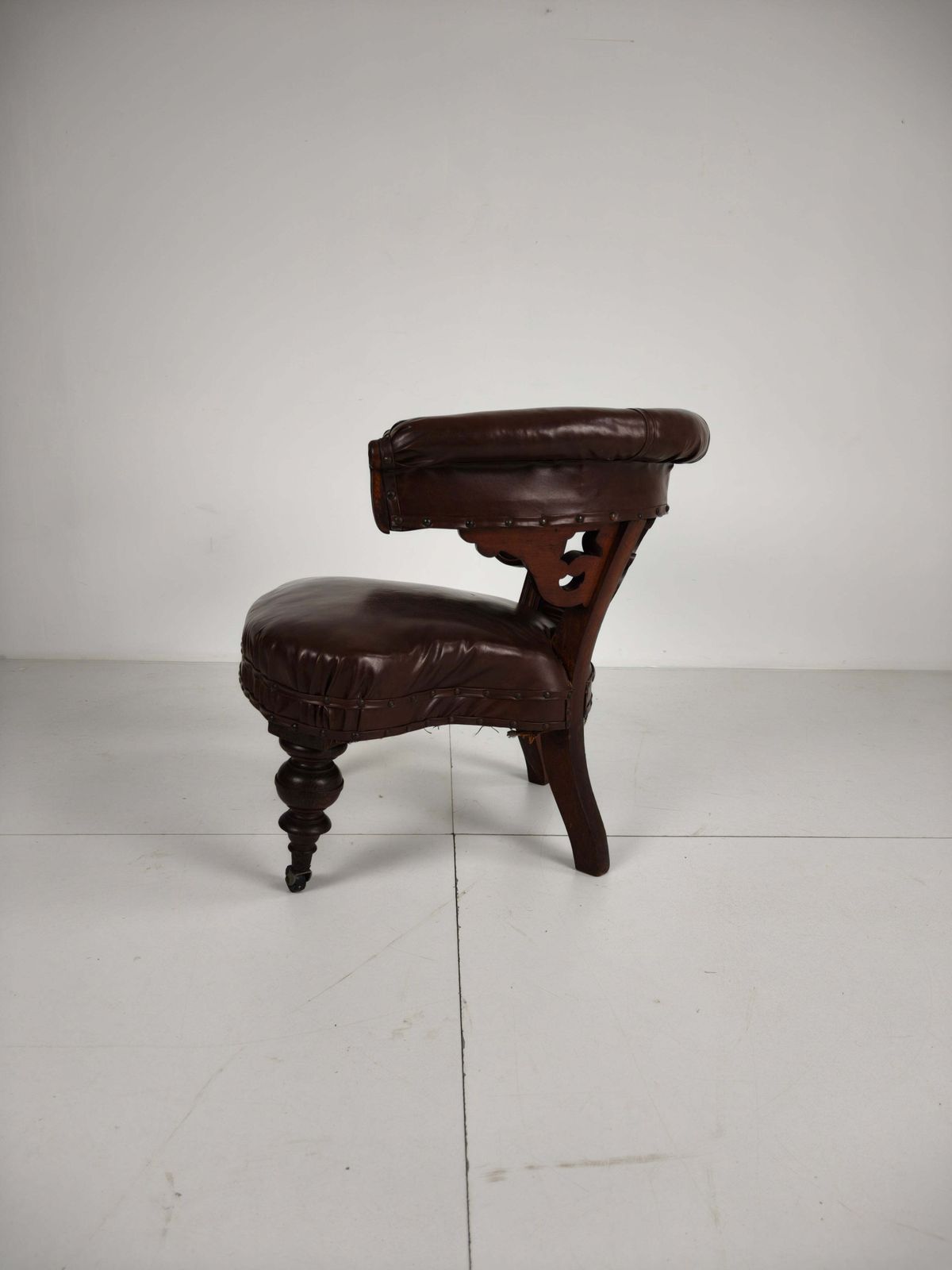Antique Leather Armchair By Robson & Son – Carved Wood & Castors, Newcastle photo vintage