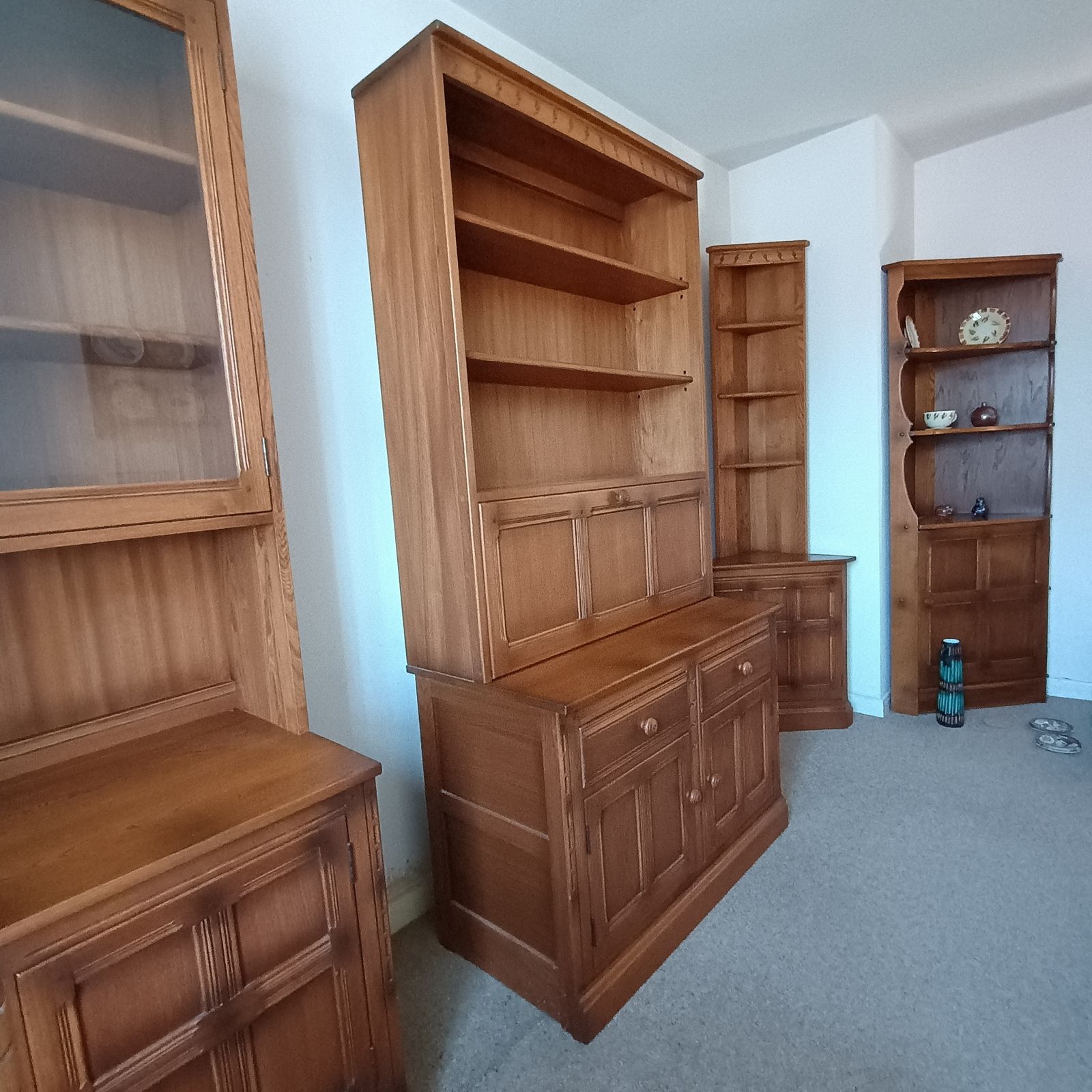 Ercol Old Colonial Cabinet With Mural Theme In Golden Dawn   Top Unit With Shelving And Drop Flap (584) And Base Unit (581) photo vinterior