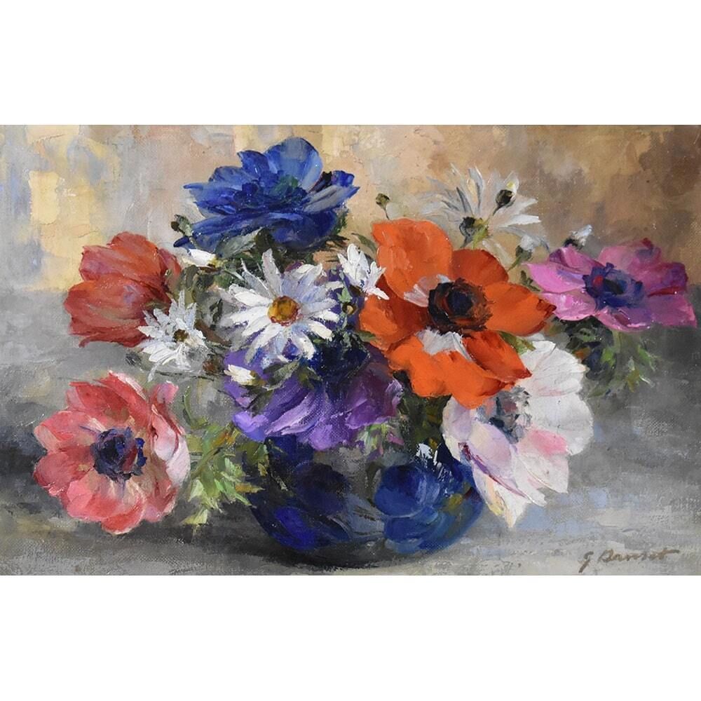 Antique Flower Painting, Art Deco, Anemones And Daisies Flowers, Oil On Canvas, Early XX Century. (Qf622) photo for sale