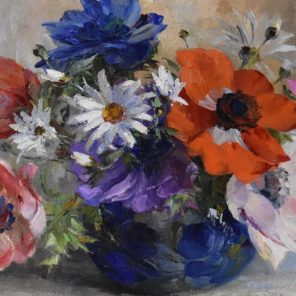 Antique Flower Painting, Art Deco, Anemones And Daisies Flowers, Oil On Canvas, Early XX Century. (Qf622) photo Art