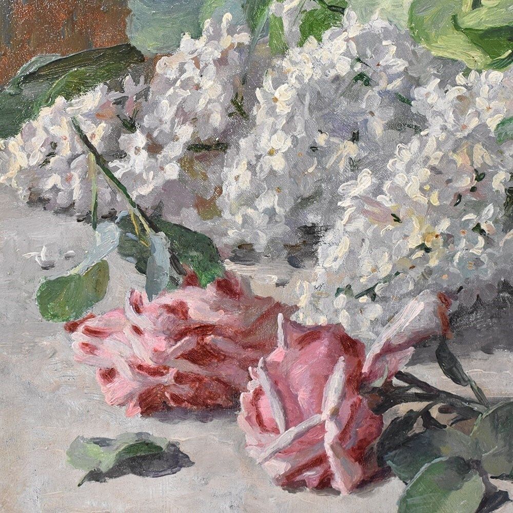 Art Nouveau Still Life Painting, Flowers Painting, Roses And Lilacs, Oil On Canvas, Antique Painting, XX. (Qf627) photo 1700.0
