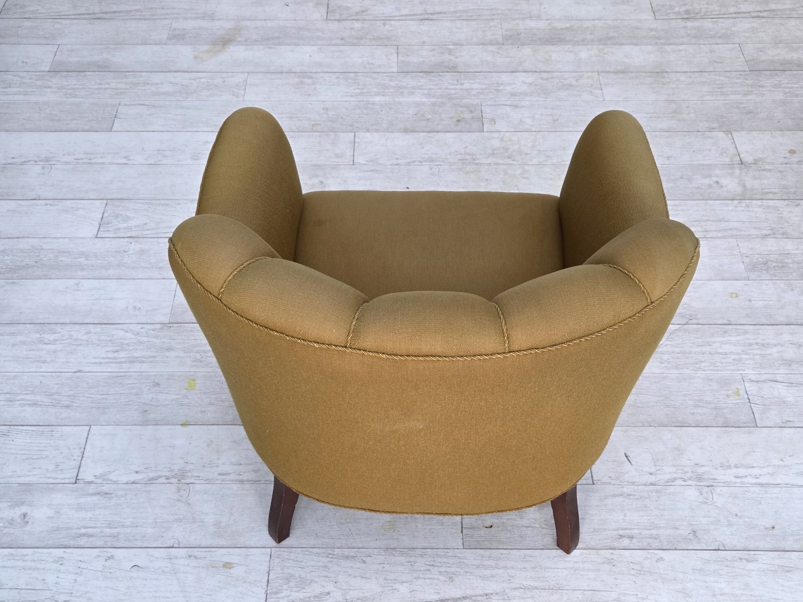 1960s, Pair Of Danish Armchairs, Green Furniture Wool, Ash Wood Legs. photo for sale