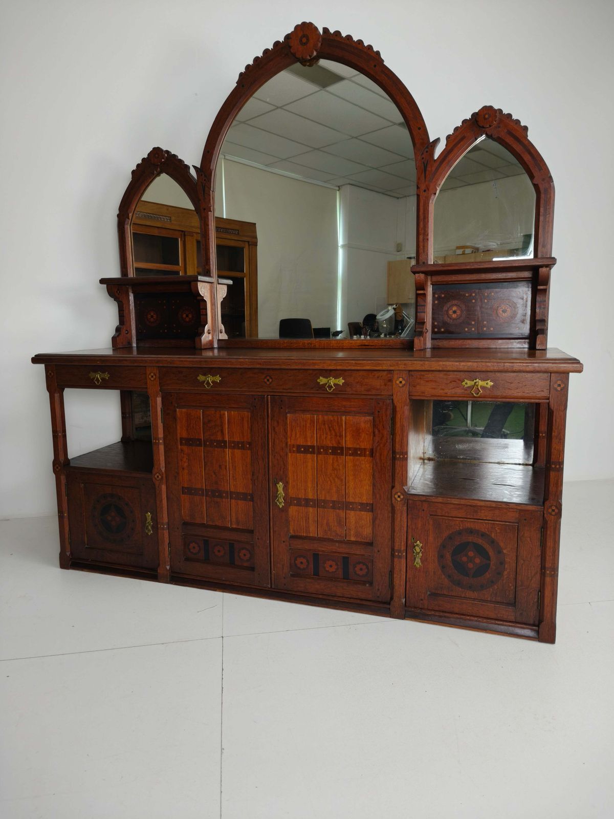 Rare 19th Century English Arts & Crafts Oak Sideboard By Pratt & Prince – Sunflower Motif Inlay photo furniture