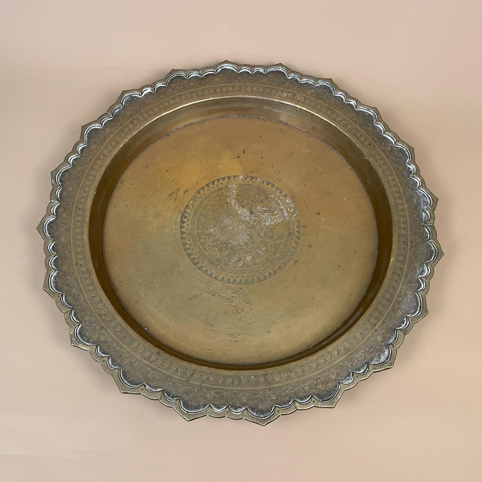 Antique Metal Gold Indian Patterned Brass Tray 42cm Plate Asian Handmade Etched Intricate Decorative Pattern Bird Scallop Art Round Vintage
