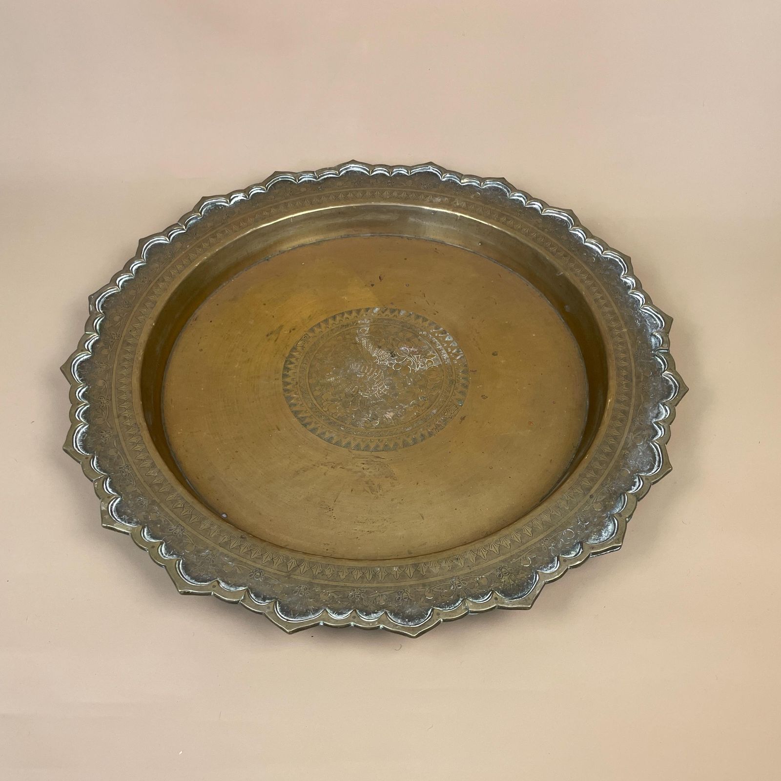 Antique Metal Gold Indian Patterned Brass Tray 42cm Plate Asian Handmade Etched Intricate Decorative Pattern Bird Scallop Art Round Vintage photo Home Decor