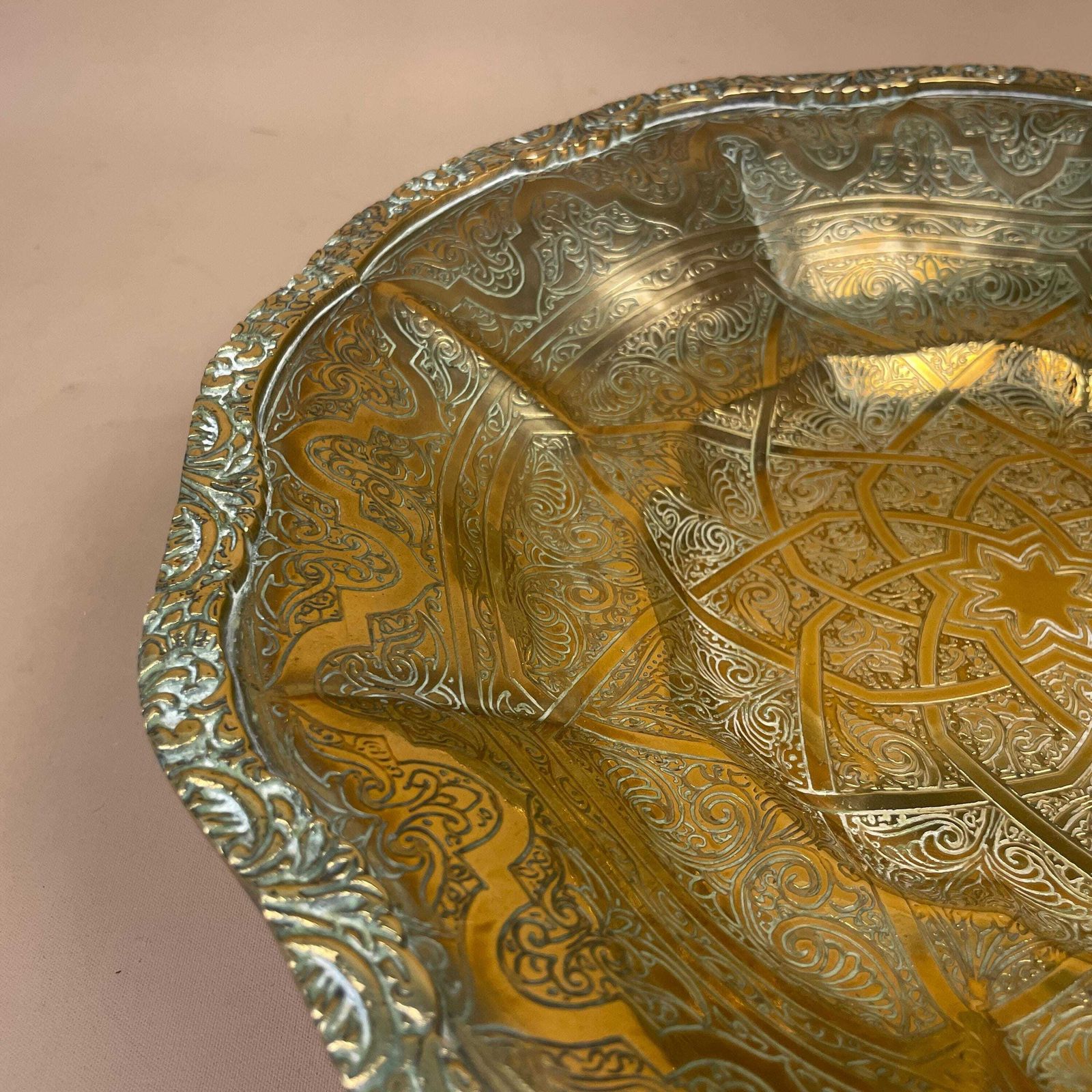 Middle Eastern Metal Gold Brass Tray 33cm Pattern Decorative 4 Feet Round Handmade Etched Intricate Vintage Antique Table Top Plate Bowl photo for sale