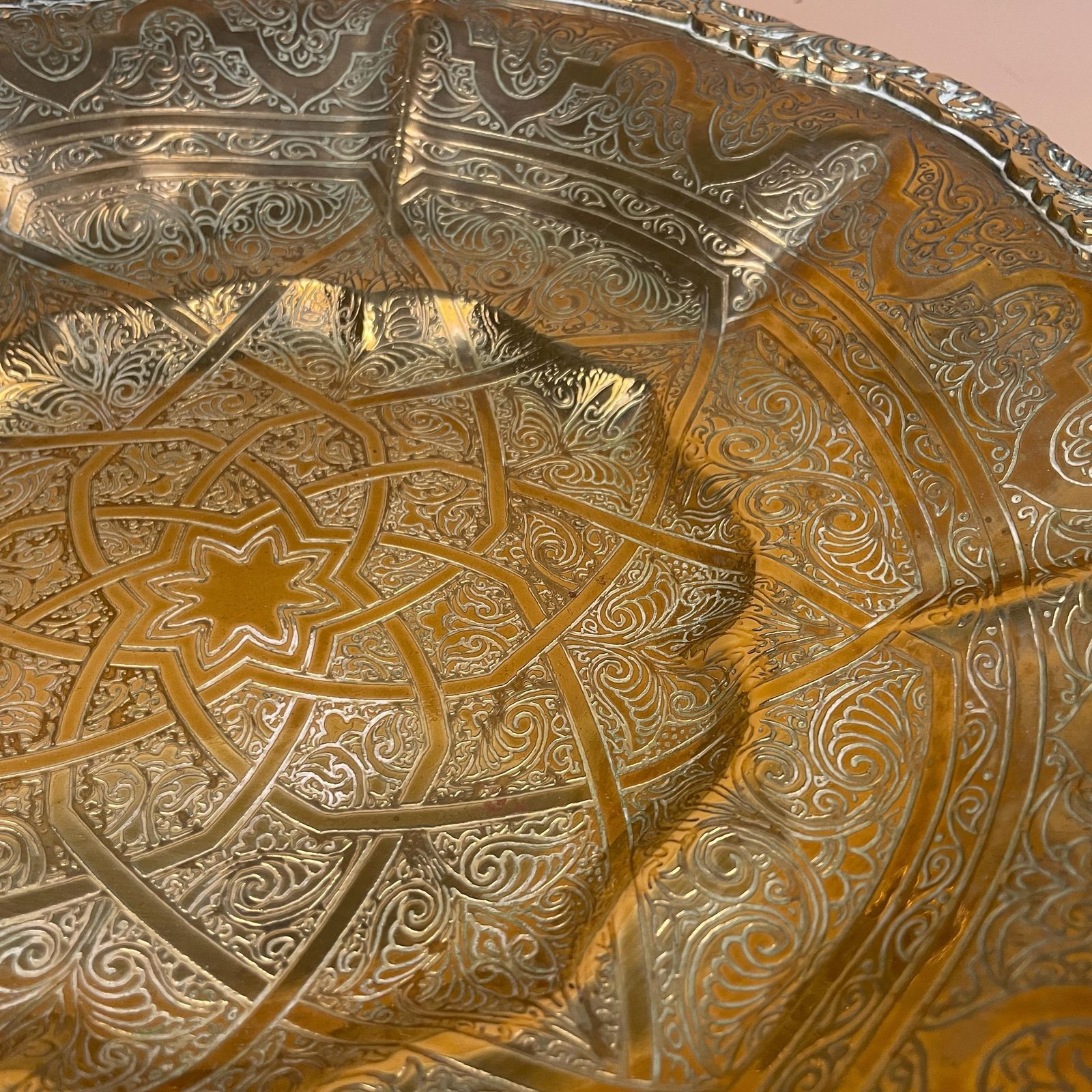 Middle Eastern Metal Gold Brass Tray 33cm Pattern Decorative 4 Feet Round Handmade Etched Intricate Vintage Antique Table Top Plate Bowl photo buy