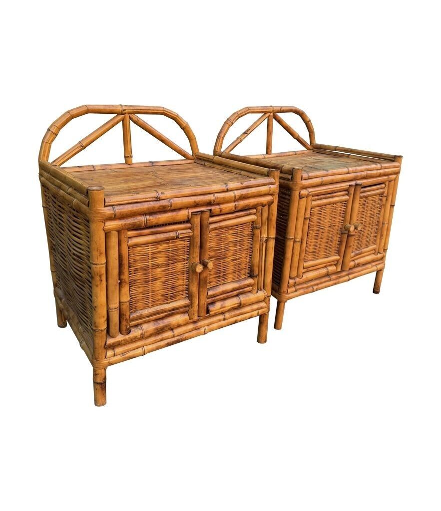 A Pair Of Italian 1970s Tortoiseshell Bamboo Bedside Tables With Two Doors