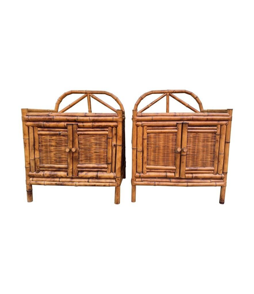 A Pair Of Italian 1970s Tortoiseshell Bamboo Bedside Tables With Two Doors photo vintage