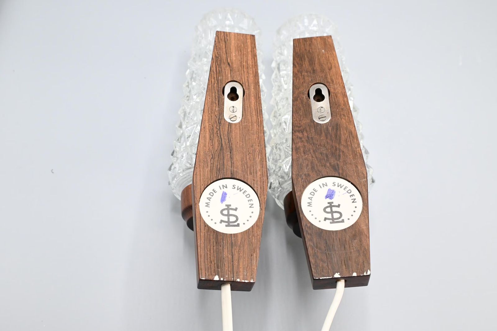 Pair Of Scandinavian Pallisander Wooden Wall Lamps With Glass Shades, Sweden 1960s photo furniture