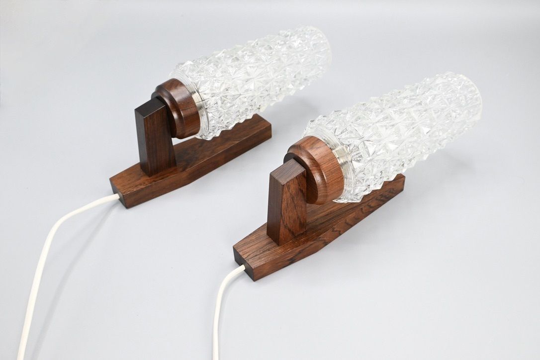 Pair Of Scandinavian Pallisander Wooden Wall Lamps With Glass Shades, Sweden 1960s photo for sale