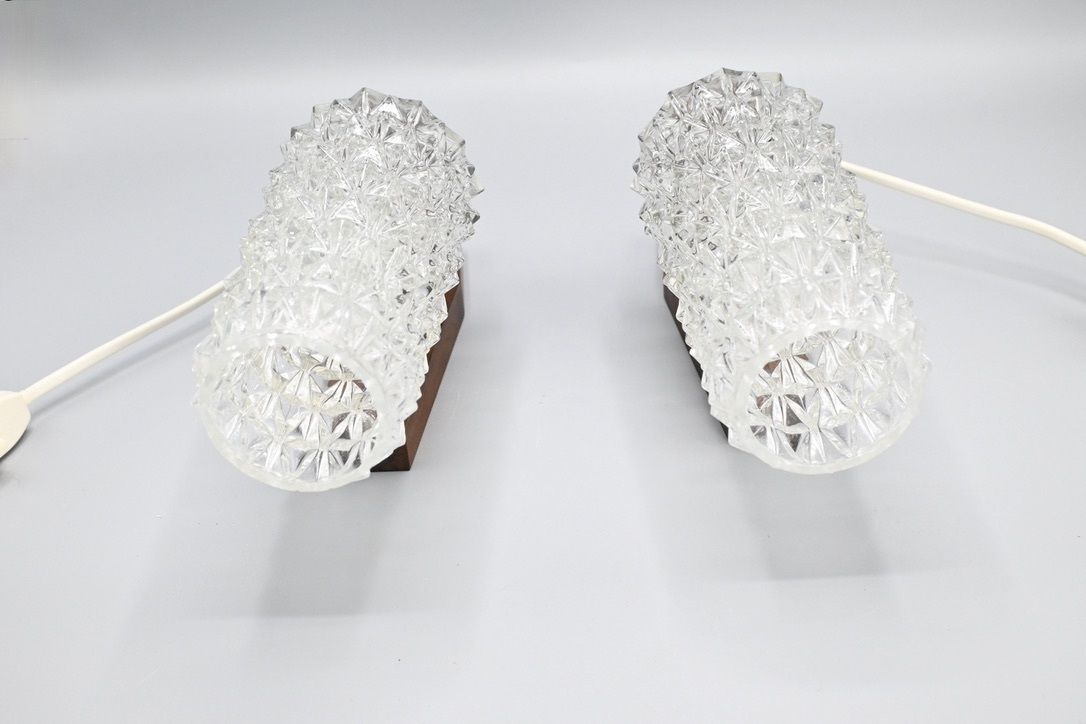 Pair Of Scandinavian Pallisander Wooden Wall Lamps With Glass Shades, Sweden 1960s photo 235.0