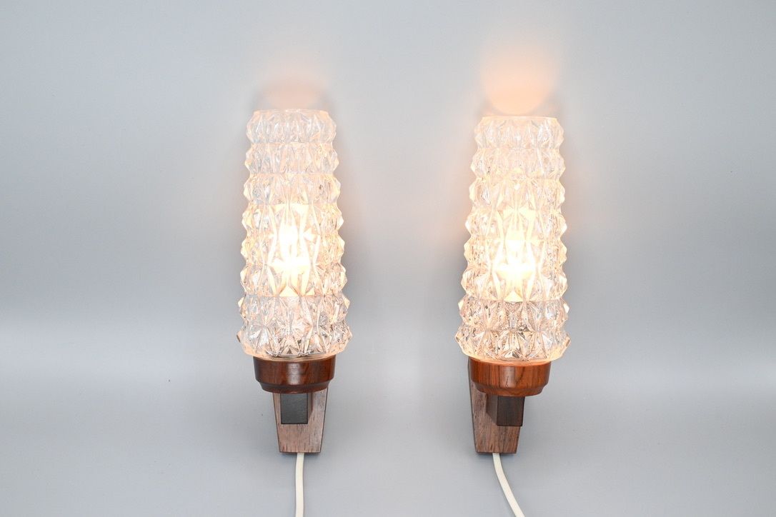 photo for sale Pair Of Scandinavian Pallisander Wooden Wall Lamps With Glass Shades, Sweden 1960s
