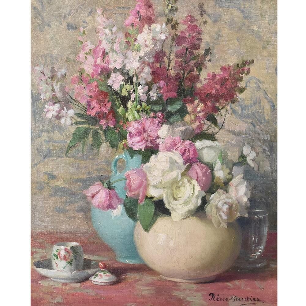 Art Nouveau Still Life Painting, Roses Flowers, Oil On Canvas, XX. (Qf699) photo for sale