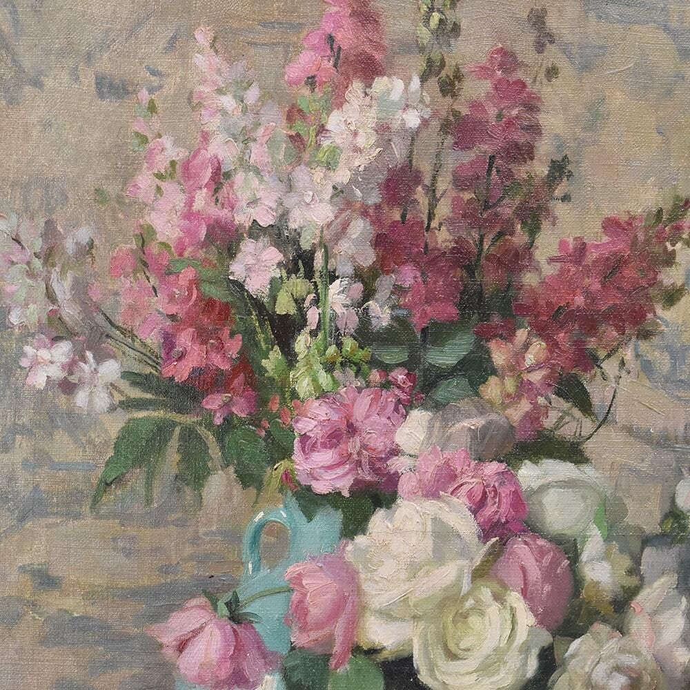 Art Nouveau Still Life Painting, Roses Flowers, Oil On Canvas, XX. (Qf699) photo Art