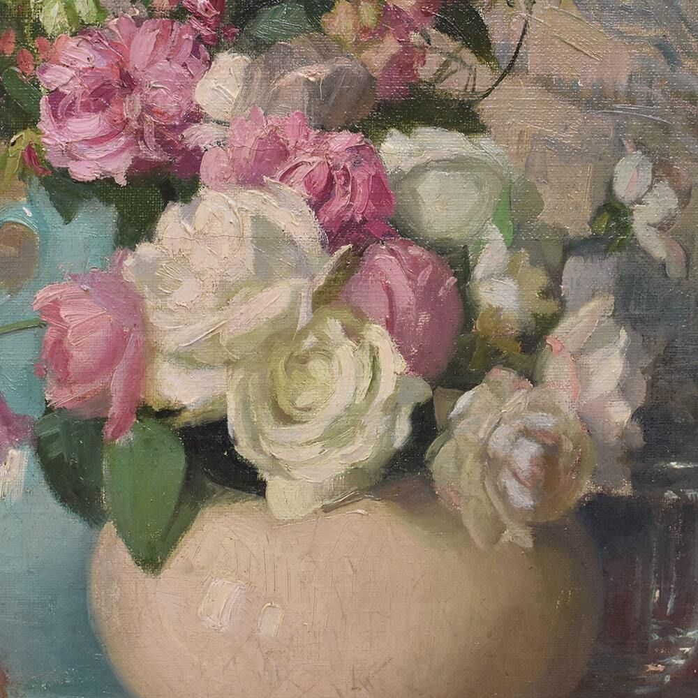 Art Nouveau Still Life Painting, Roses Flowers, Oil On Canvas, XX. (Qf699) photo 2400.0