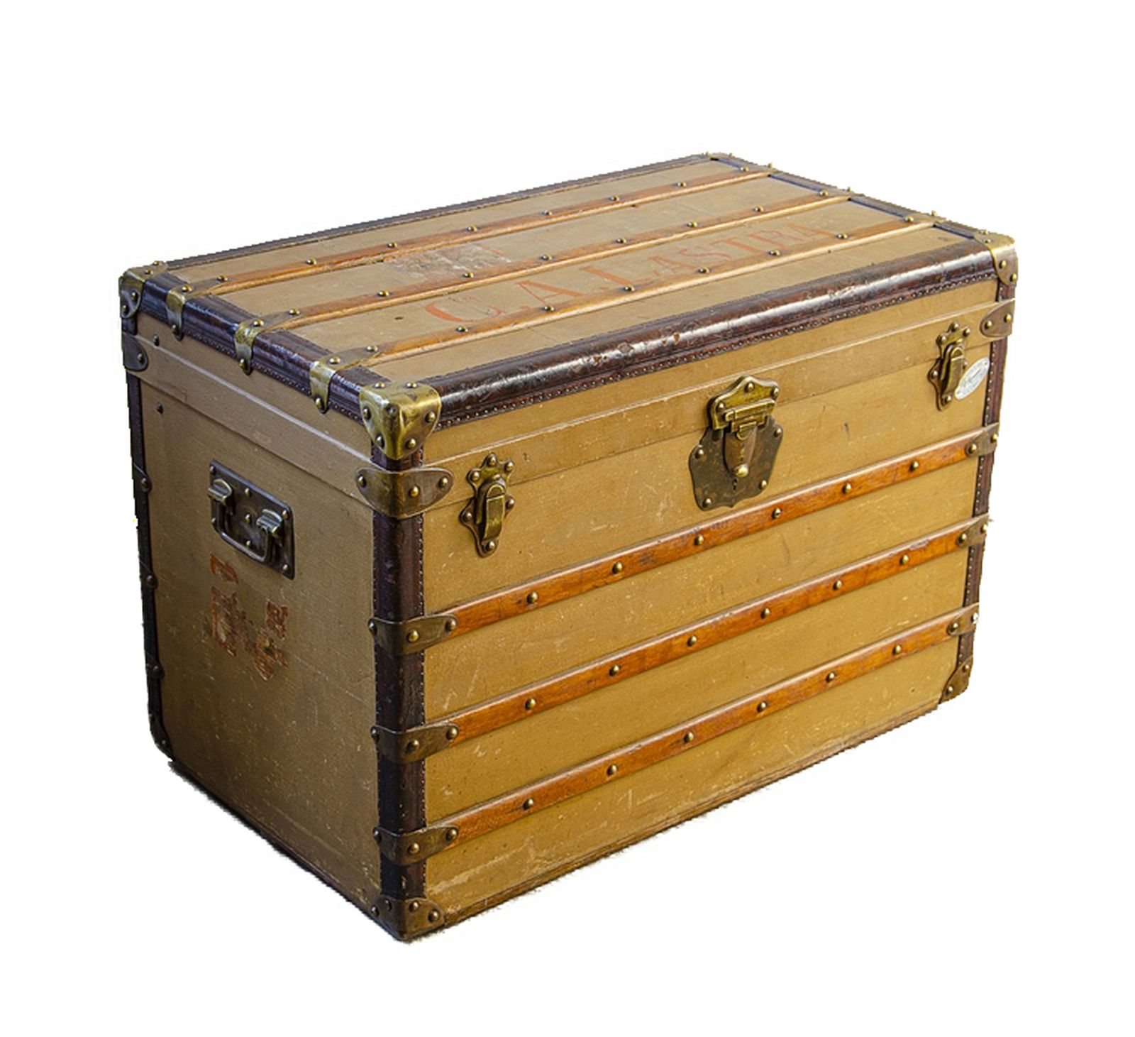 1900s Wooden Steamer Trunk With Brass And Leather Accents By Paul Romand, France photo furniture
