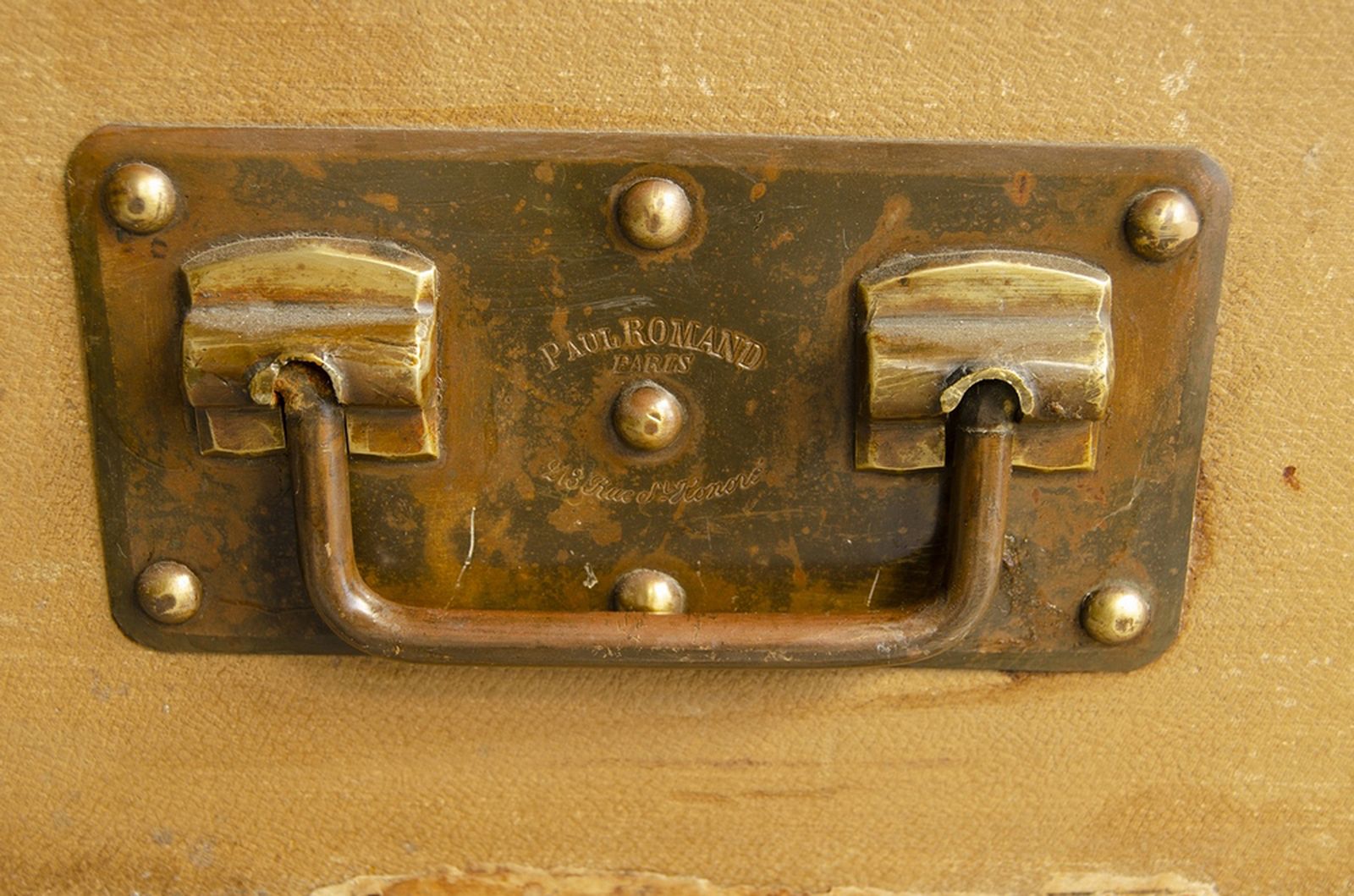 1900s Wooden Steamer Trunk With Brass And Leather Accents By Paul Romand, France photo vintage