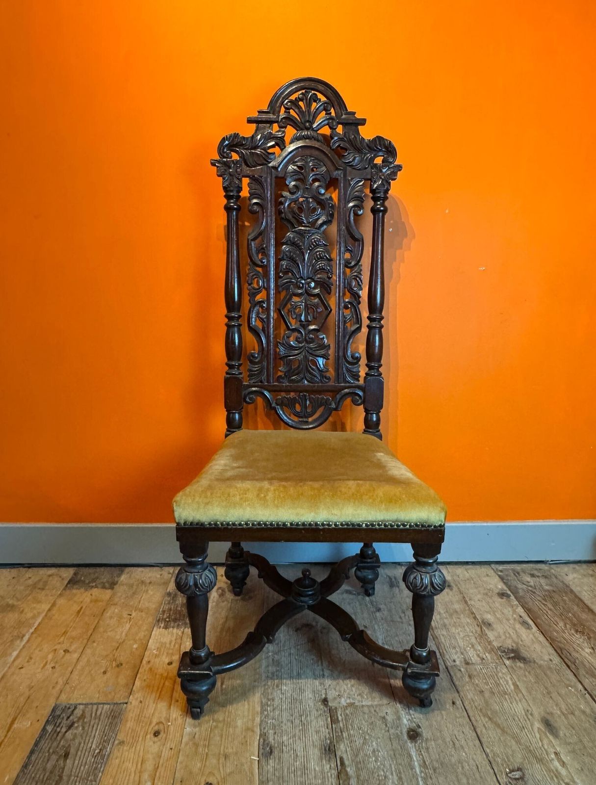 Victorian Carved Oak High Back Side Chair In Carolean Style